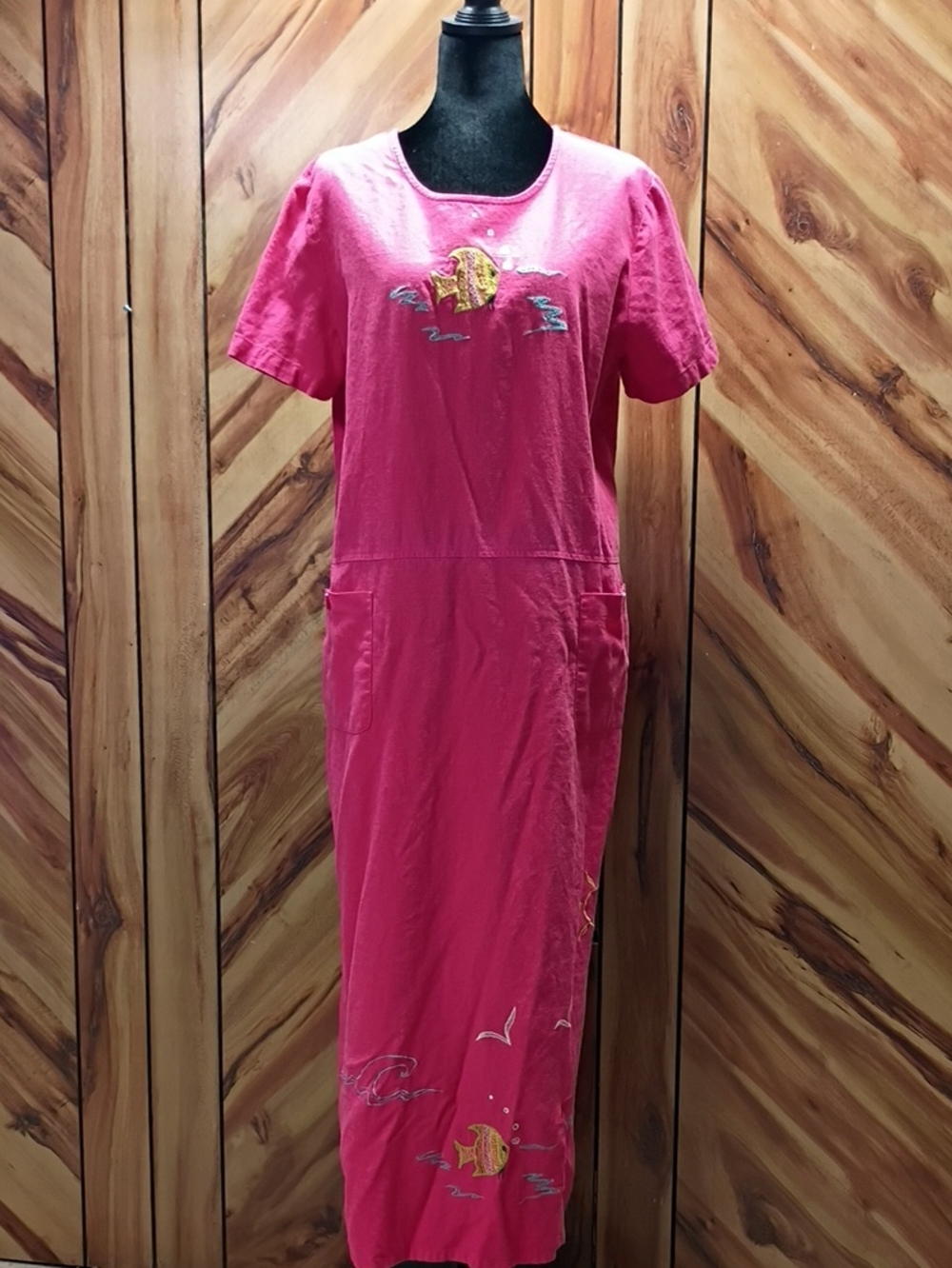Vintage Studio Ease Pink Fish Embroidered Maxi Dress Size 14